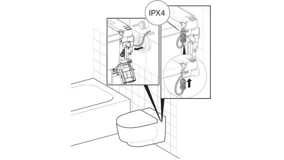 Fester Anschluss über Verbindungsdose oder Gerätestecker mindestens IPX4 (Geberit AquaClean darf näher als 60 cm zum Wannenrand sein).