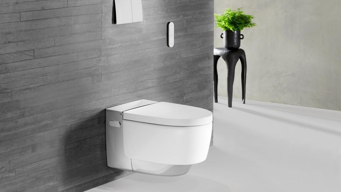 Blick in ein Bad mit einem Geberit AquaClean Mera Comfort Dusch-WC.